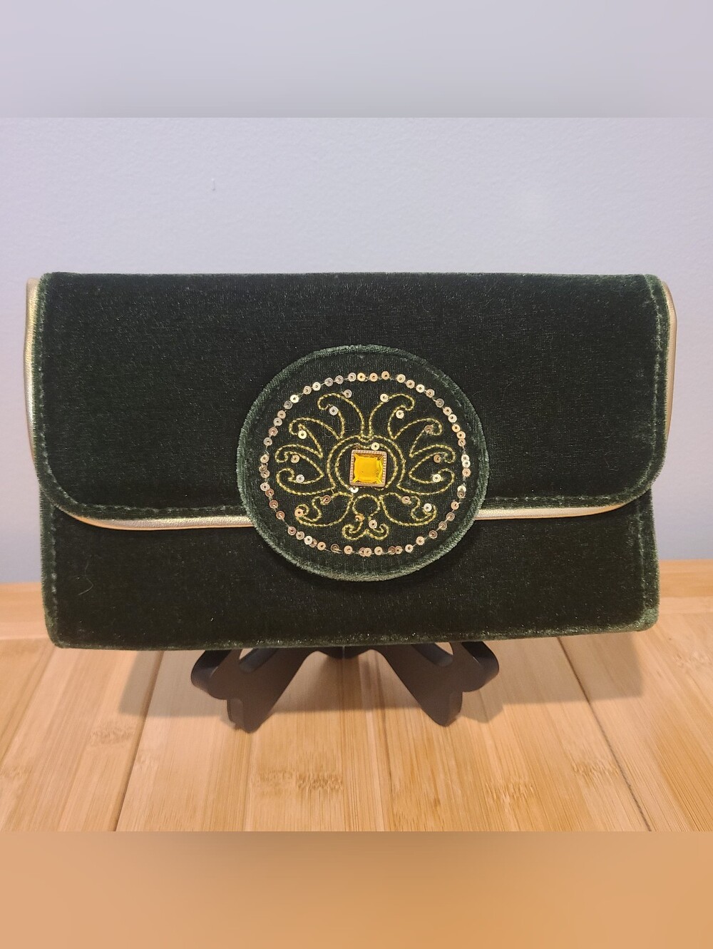 Deep Green Gold Sequence Crushed Velvet Vintage Clutch Purse